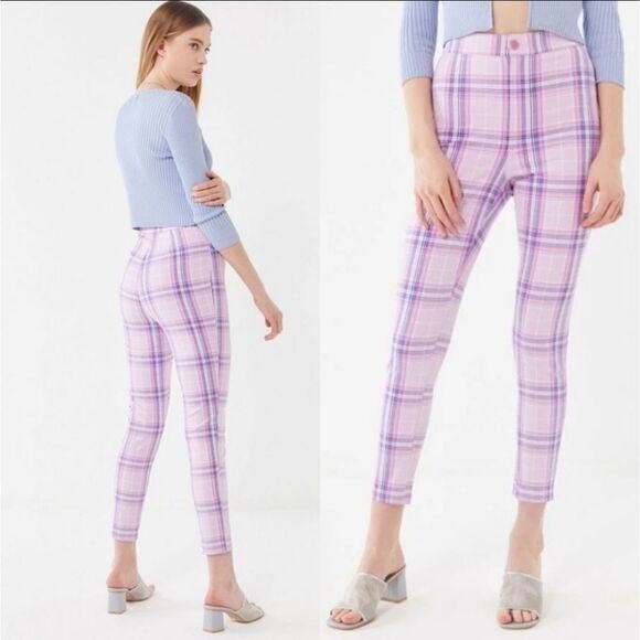 Urban Outfitters‎ Ingrid Purple Plaid High Waist Skinny Cropped Pants 10US - Picture 1 of 6